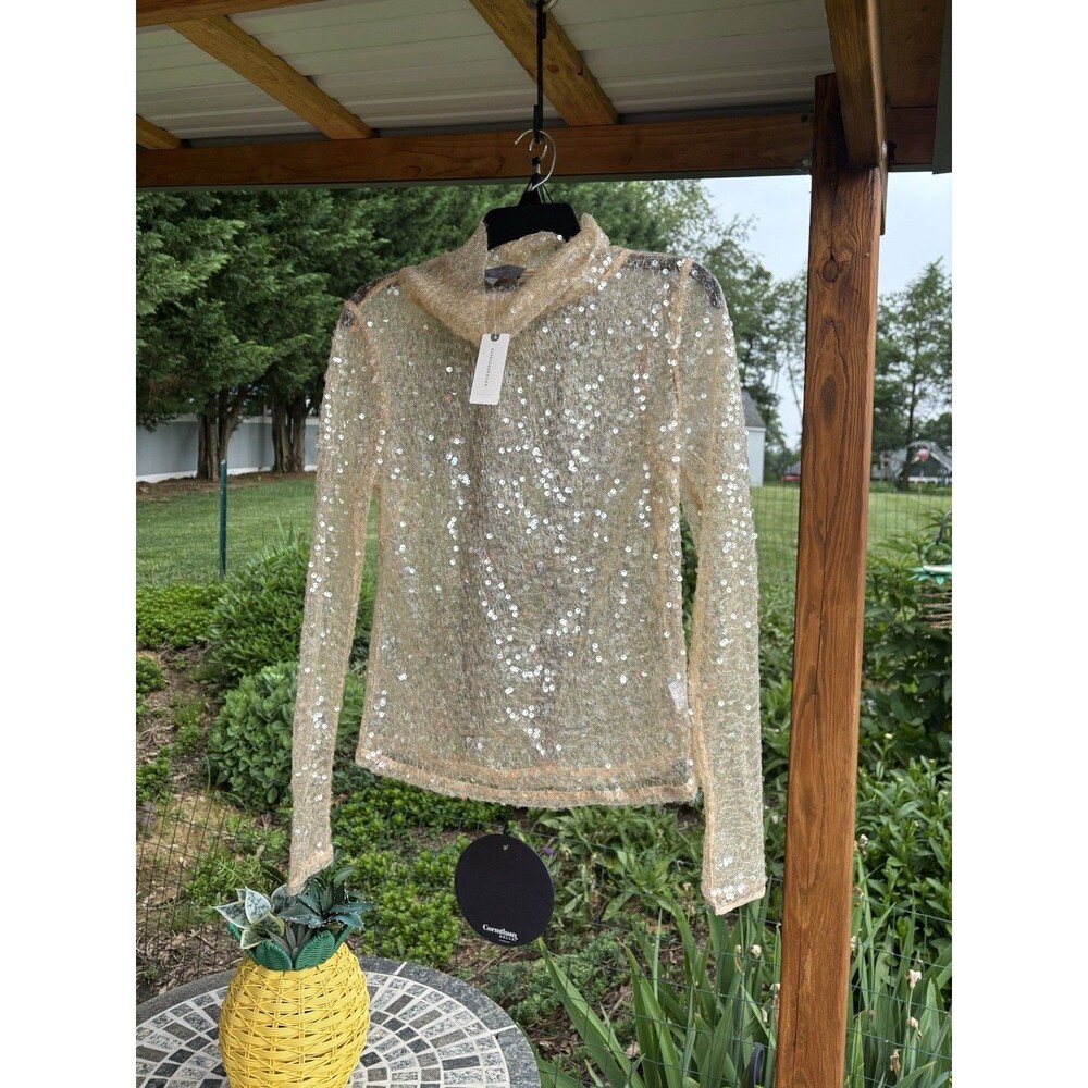 Anthropologie Women’s XS Sequin Sheer Gold Champagne Turtleneck Shirt Retail $98
